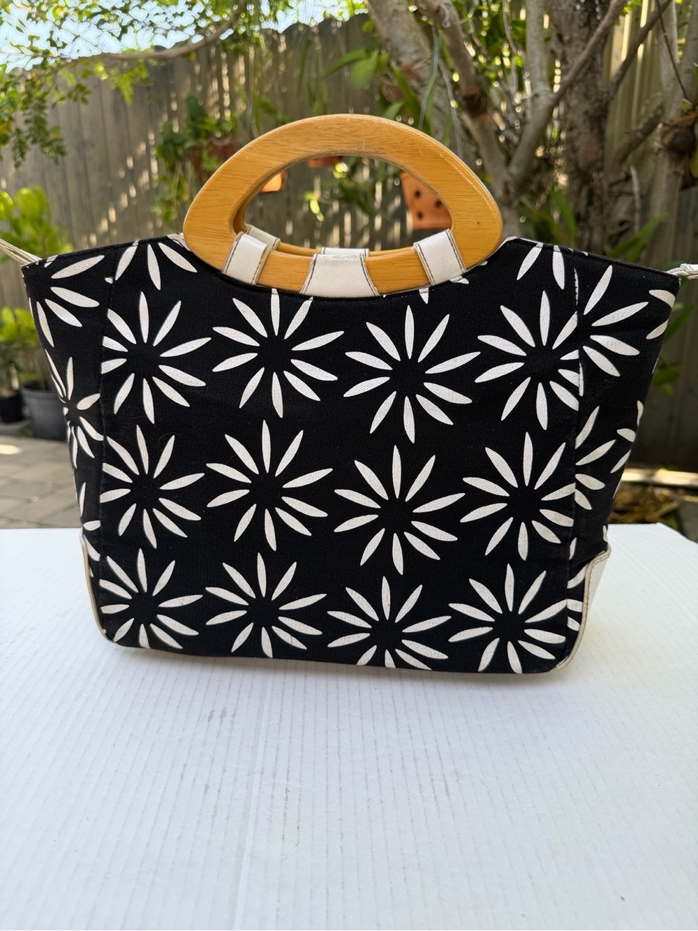 Kate Spade New York Floral Canvas Wood Handle Satchel Tote Bag Black White